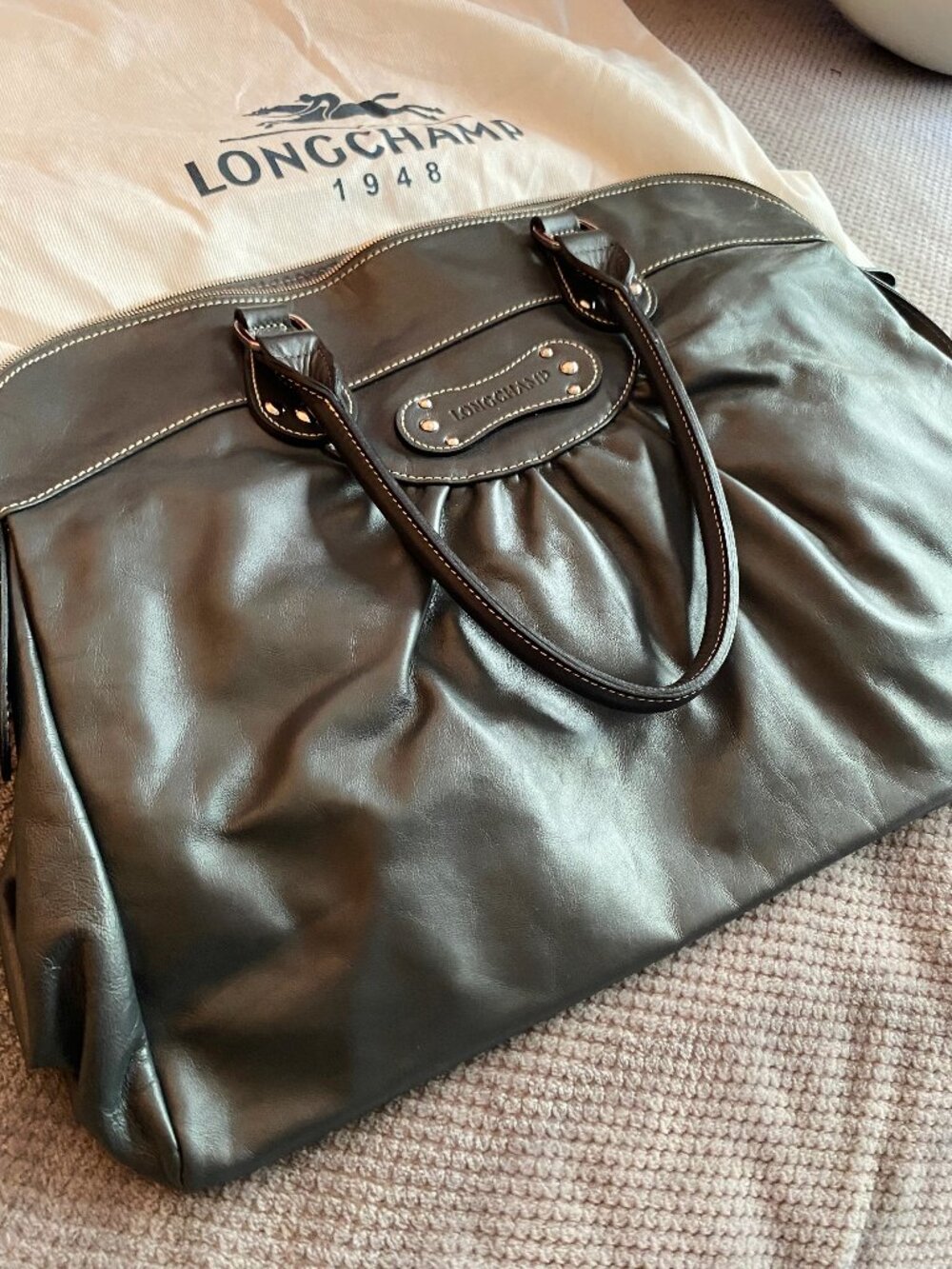 Longchamp dark gray leather Cosmos satchel